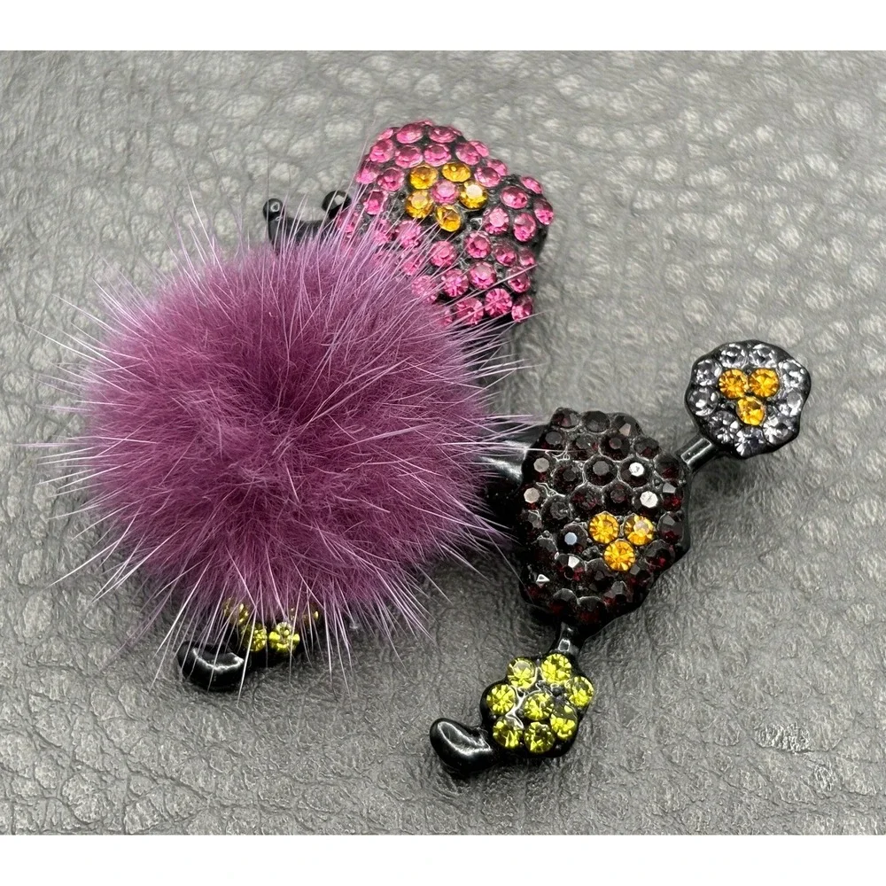 Rhinestone Poodle Dog Pom Pom Brooch Pin Pink Yellow Black Japanned Metal